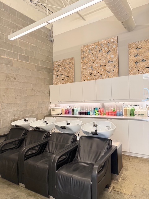Three black salon chairs with white washbasins are lined up in front of shelves with hair products; decorative wall panels hang above. - Soleil 7 Hair Salon in Tallahassee, FL